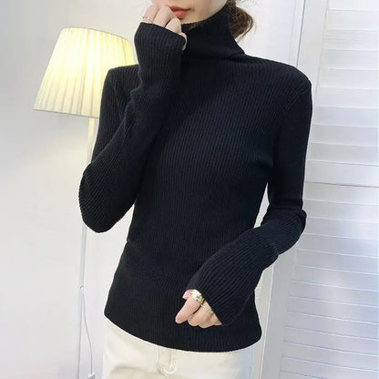 Suéter de Tricô Feminino Plus Size de Gola Alta e Manga Longa, Camiseta de Base para Outono Inverno, Novo Estilo, Confortável, Macio, Cor Pura