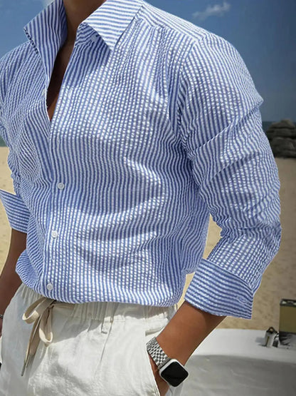 Camisa Masculina de Manga Longa Listrada com Corte Solto, Estilosa e Confortável para Uso Casual em Todas as Estações, Ideal para Atividades ao Ar Livre