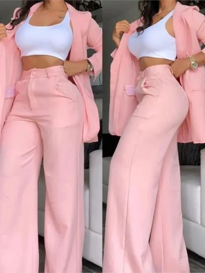 Elegante outono feminino blazer calças conjunto de duas peças roupas femininas moda gola entalhada casaco & calça; Terno de calças com design de bolso