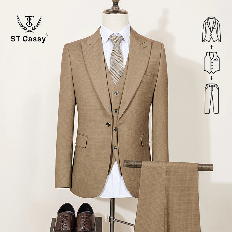 Conjunto de Terno Masculino ST Cassy Novo Estilo Fino de Três Peças Verde Slim Fit Formal para Escritório (jaqueta+colete+calças)