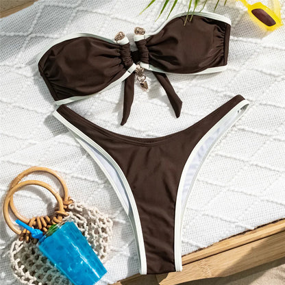 Conjunto de biquíni tomara que caia branco feminino, maiô sexy com fivela metálica em contraste, biquíni brasileiro cavado.