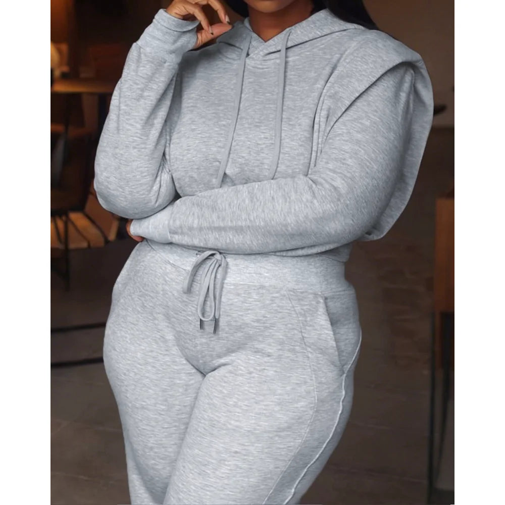 Elegante Duas Peças 	 Conjunto de moletom de manga comprida com capuz e calça de moletom casual de pernas largas para mulheres outono inverno