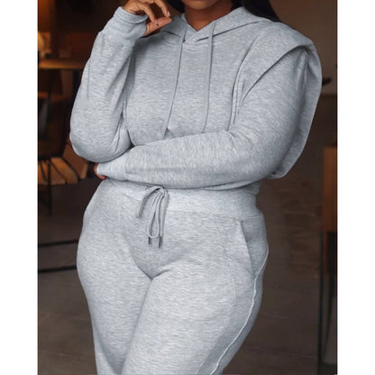 Elegante Duas Peças 	 Conjunto de moletom de manga comprida com capuz e calça de moletom casual de pernas largas para mulheres outono inverno