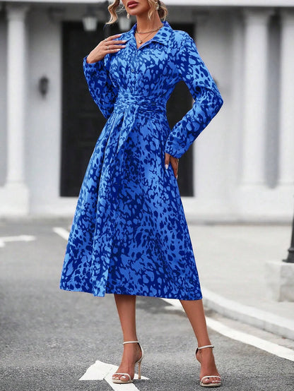 Elegante impressão aleatória botão para baixo camisa vestido feminino manga longa com cinto cintura midi vestido primavera outono escritório vestido casual