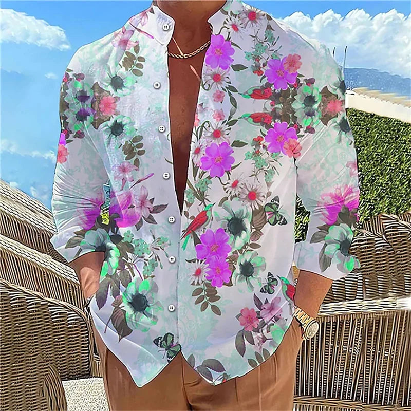 Camisa masculina de manga comprida Camisa impressa em 3D de alta qualidade, padrão floral, primavera e outono, tecido casual e elegante e confortável