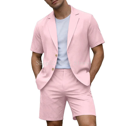 Conjuntos para Homens Blazer de Manga Curta e Calças Curtas Leves para Casamento, Festa, Negócios e Trajes Formais