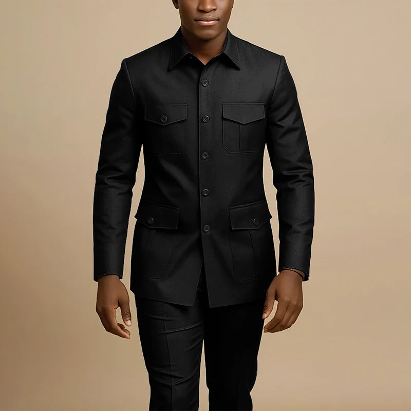 Terno Masculino Marrom de Quatro Bolsos com Lapela Pontiaguda, Casual de Negócios, Formal, Slim Fit, Conjunto de 2 Peças (Jaqueta e Calça)