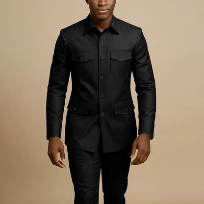 Terno Masculino Marrom de Quatro Bolsos com Lapela Pontiaguda, Casual de Negócios, Formal, Slim Fit, Conjunto de 2 Peças (Jaqueta e Calça)