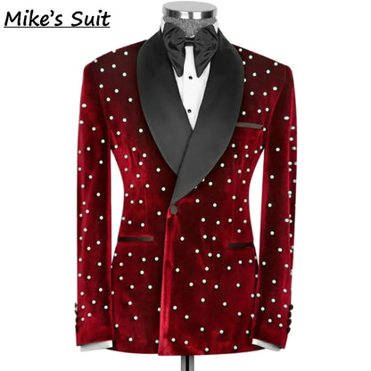 Terno masculino com pérolas de veludo vermelho, blazer clássico para negócios, trajes formais, conjunto de 2 peças, jaqueta e calças