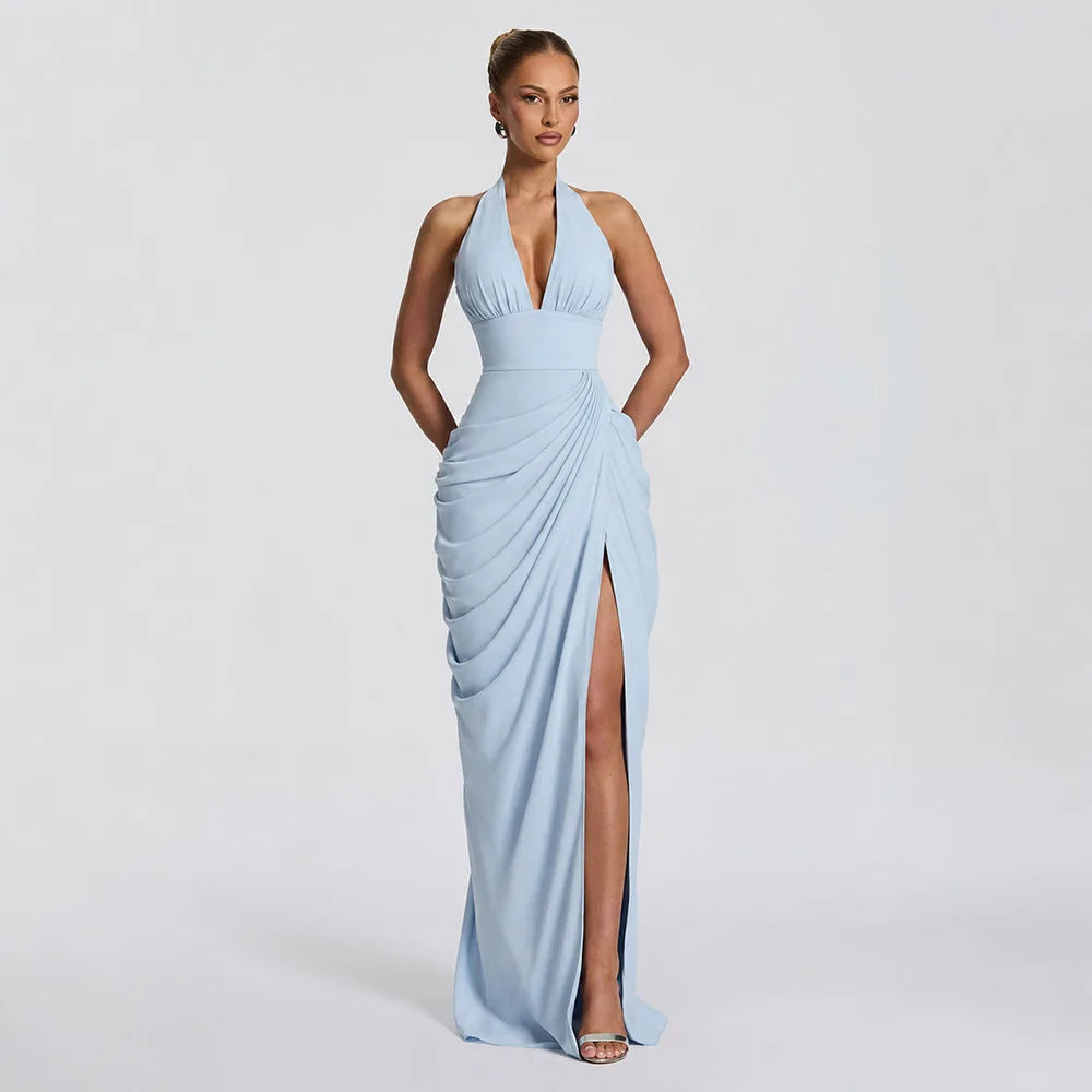 Vestido Maxi Elegante Liso com Decote Halter e Pregas, Decote V Profundo, Sem Mangas, Franzido, com Fenda Alta, para Mulheres,  Vestidos de Festa Noturna