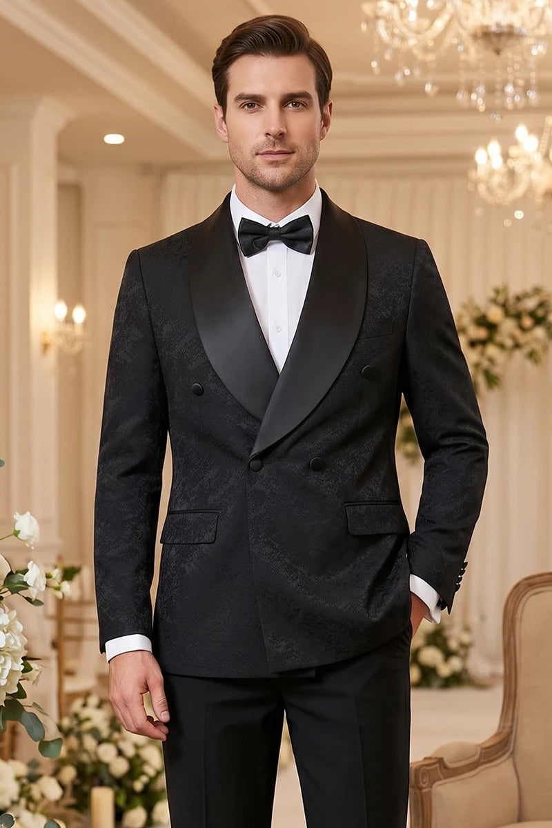 Conjunto de Terno Masculino de Luxo Preto de 2 Peças com Gola Xale e Abotoamento Duplo, para Festa, Negócios, Casual, Traje de Noivo, Padrão Jacquard