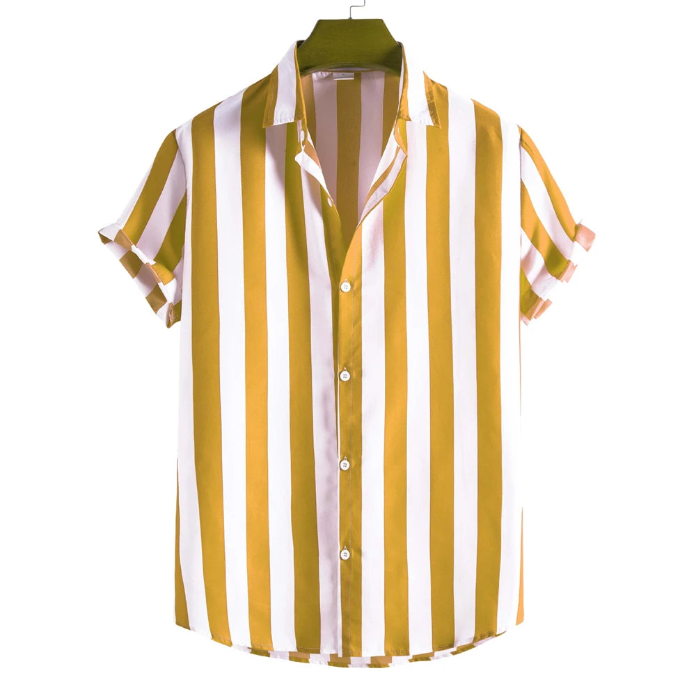 Camiseta listrada de manga curta com botão havaiano masculina, blusa xadrez, roupa de praia vermelha, camisa preta e branca, roupas masculinas, verão