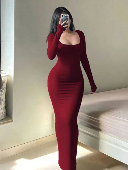 Vestido longo feminino liso de manga comprida, modelo bodycon, elegante, básico, minimalista e casual, com decote redondo.