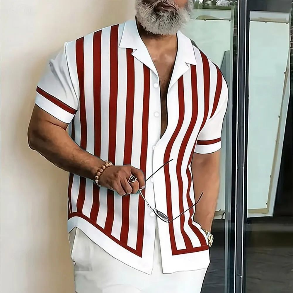 Camisa Masculina de Manga Curta com Botões, Estampa 3D Geométrica Listrada, Estilo Casual de Negócios, Férias de Primavera e Verão
