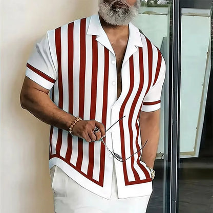 Camisa Masculina de Manga Curta com Botões, Estampa 3D Geométrica Listrada, Estilo Casual de Negócios, Férias de Primavera e Verão