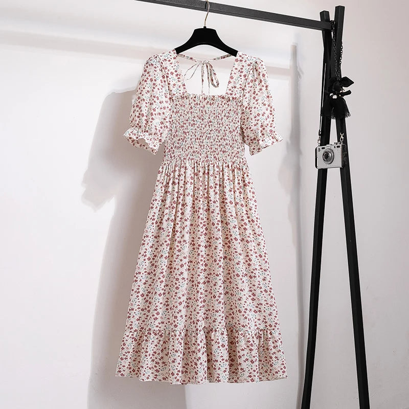 Verão plissado mulheres vestidos de chiffon casual praia férias manga curta gola quadrada mulher midi vestido boêmio mujer vestidos