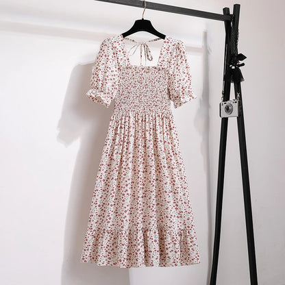 Verão plissado mulheres vestidos de chiffon casual praia férias manga curta gola quadrada mulher midi vestido boêmio mujer vestidos