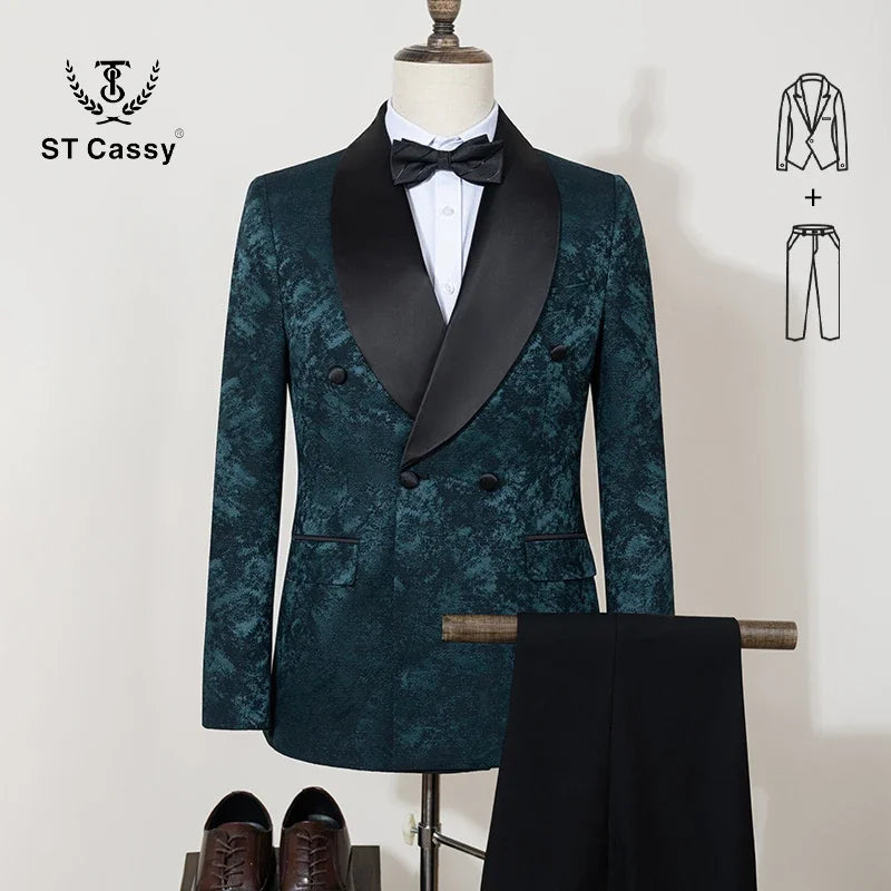 Conjunto de Terno Masculino de Luxo Preto de 2 Peças com Gola Xale e Abotoamento Duplo, para Festa, Negócios, Casual, Traje de Noivo, Padrão Jacquard