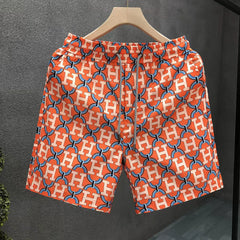 Shorts de Praia Masculinos Laranja com Letra H, Secagem Rápida, Casuais, com Bolso, Calções de Natação, Estampa Luxuosa para Férias de Verão, Esportivos