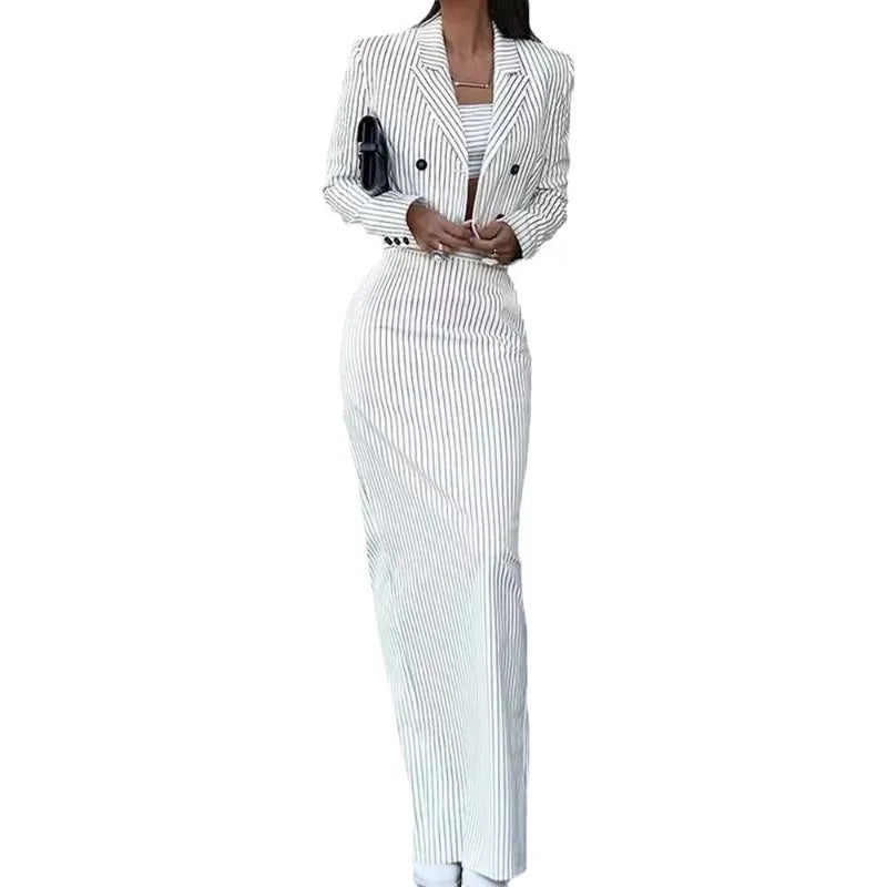 Primavera verão 2024 novo listrado fino ajuste terno moda feminina duplo breasted turn-down colarinho blazer cintura alta fenda saia terno