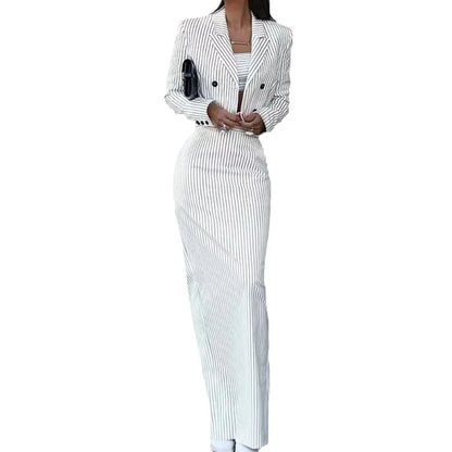 Primavera verão 2024 novo listrado fino ajuste terno moda feminina duplo breasted turn-down colarinho blazer cintura alta fenda saia terno