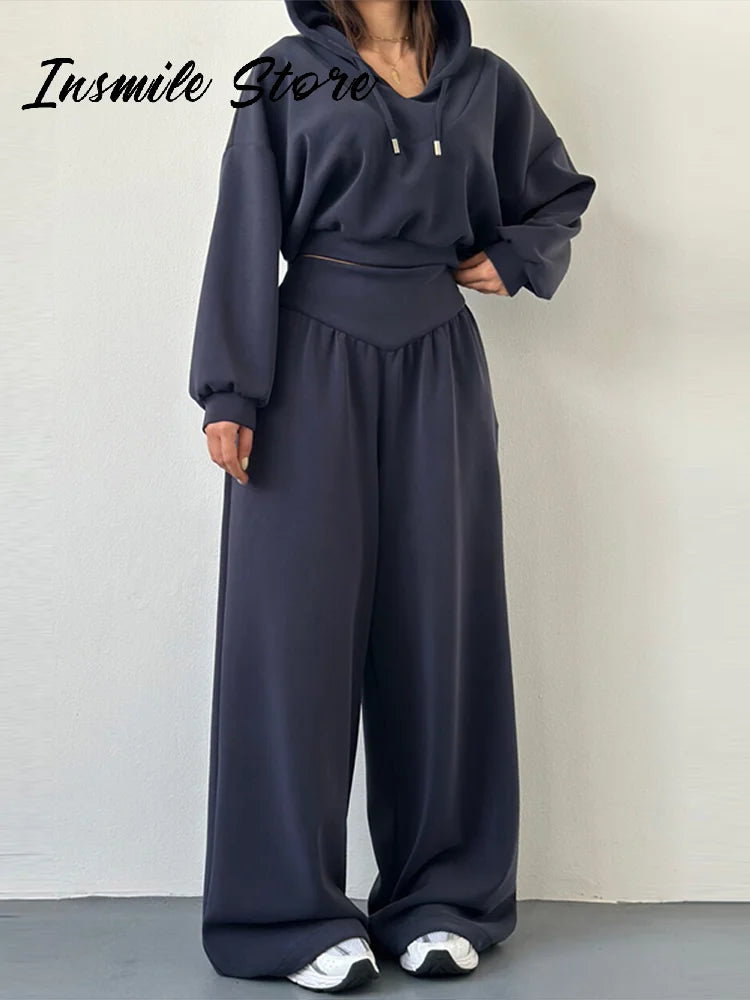 Casual sólido com capuz recortado moletom calça conjunto feminino solto com capuz cintura alta calças de perna larga 2026 primavera senhora chique outfit novo