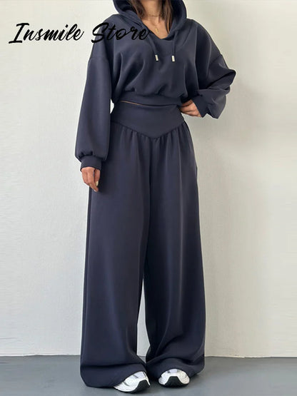 Casual sólido com capuz recortado moletom calça conjunto feminino solto com capuz cintura alta calças de perna larga 2026 primavera senhora chique outfit novo