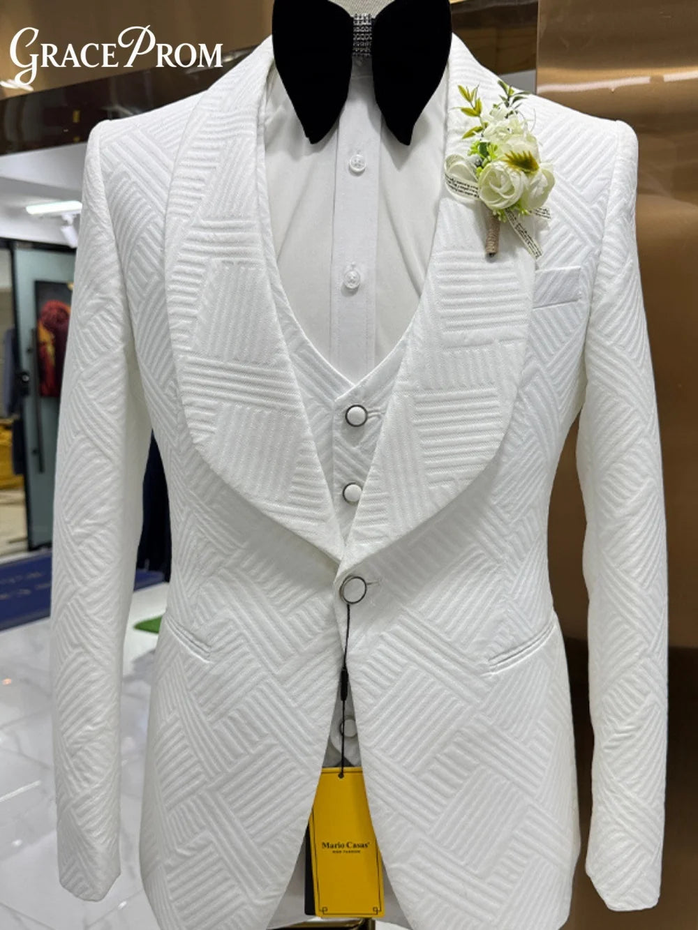 Elegante Terno Masculino Branco Geométrico Jacquard 3 Peças 2026 Formal com Lapela Xale para Noivo e Padrinhos – Ideal para Casamento, Baile de Formatura e Festas