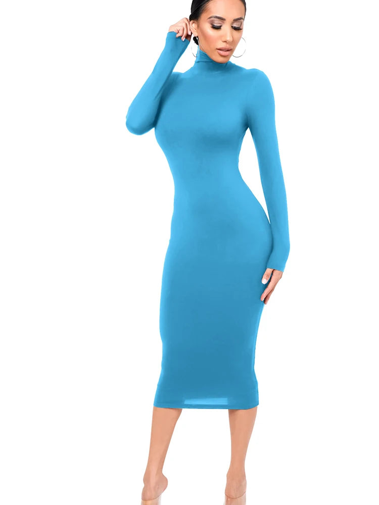 Inverno preto gola alta sexy vestido feminino outono manga longa magro midi boydcon casual azul pelúcia na altura do joelho festa