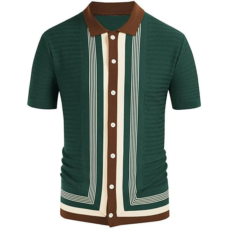 Novo verão camiseta masculina 2024 manga curta lapela listra impressão botão listra camisa polo moda pulôver topos