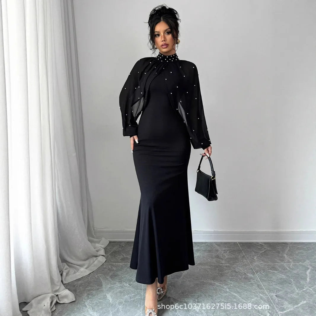 Vestido com Detalhes em Renda para Mulheres, Cintura Alta, Cor Sólida, Vestidos Longos Elegantes para Mulheres
