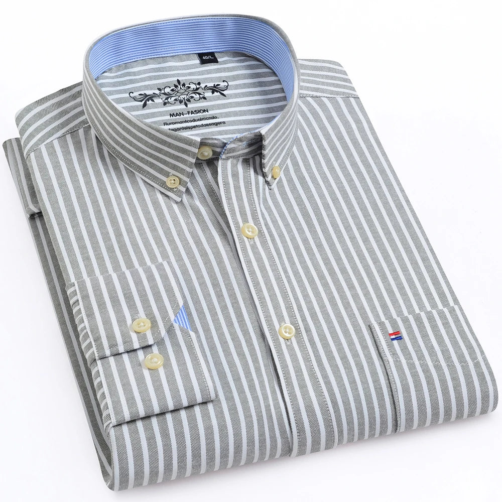 Camisa masculina de manga comprida oxford com botão no peito esquerdo confortável outono inverno ajuste regular casual versátil moda