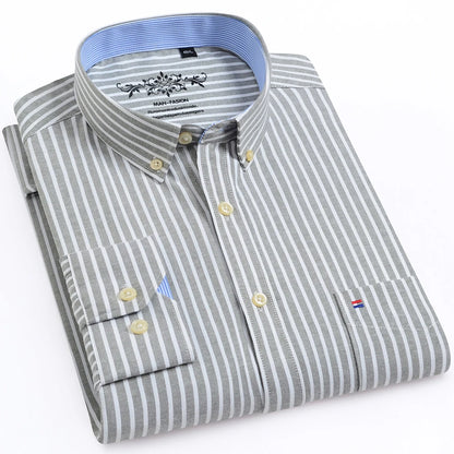 Camisa masculina de manga comprida oxford com botão no peito esquerdo confortável outono inverno ajuste regular casual versátil moda
