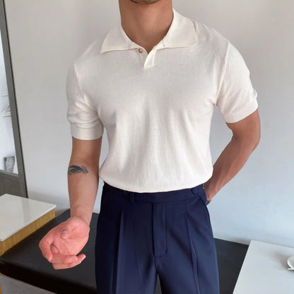 Camisa polo de manga curta de malha masculina, blusa casual de negócios, polo Slim Fit, primavera verão, camiseta listrada moda, camiseta com gola polo, malhas