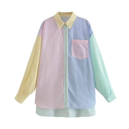 Camisas listradas soltas para mulheres, blusa casual chique, tops femininos, lapela, renda extragrande, nova moda