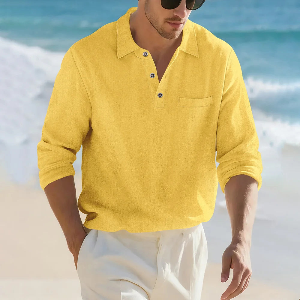 Camisa Masculina Casual de Linho e Algodão Leve com Lapela, Solta, Cor Sólida, Moda Primavera Outono, com Detalhe Decorativo na Gola