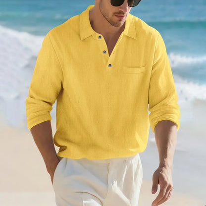 Camisa Masculina Casual de Linho e Algodão Leve com Lapela, Solta, Cor Sólida, Moda Primavera Outono, com Detalhe Decorativo na Gola