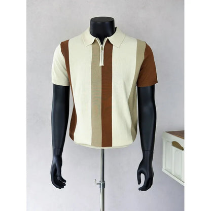 Camisas Polo Tricotadas Listradas Coreanas para Homens, T-shirt Casual com Zíper Lateral, Manga Curta, Estilo Empresarial e Social