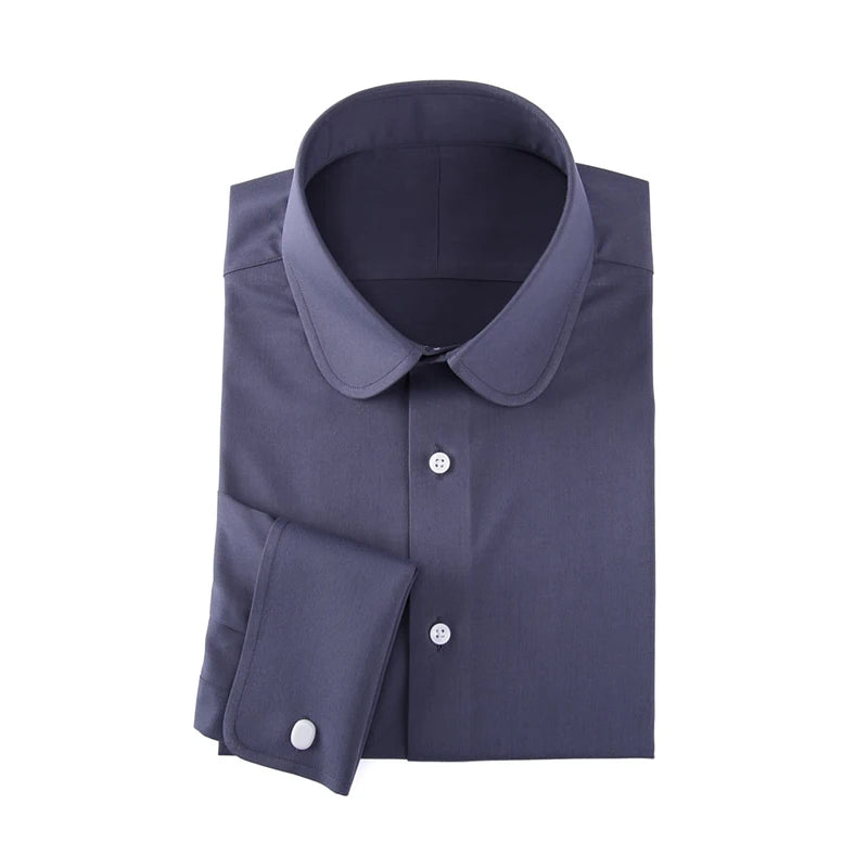 Camisa masculina clássica com gola Eton, gola arredondada, manga comprida, 100% algodão, punho regular, branca, personalizada para homens.