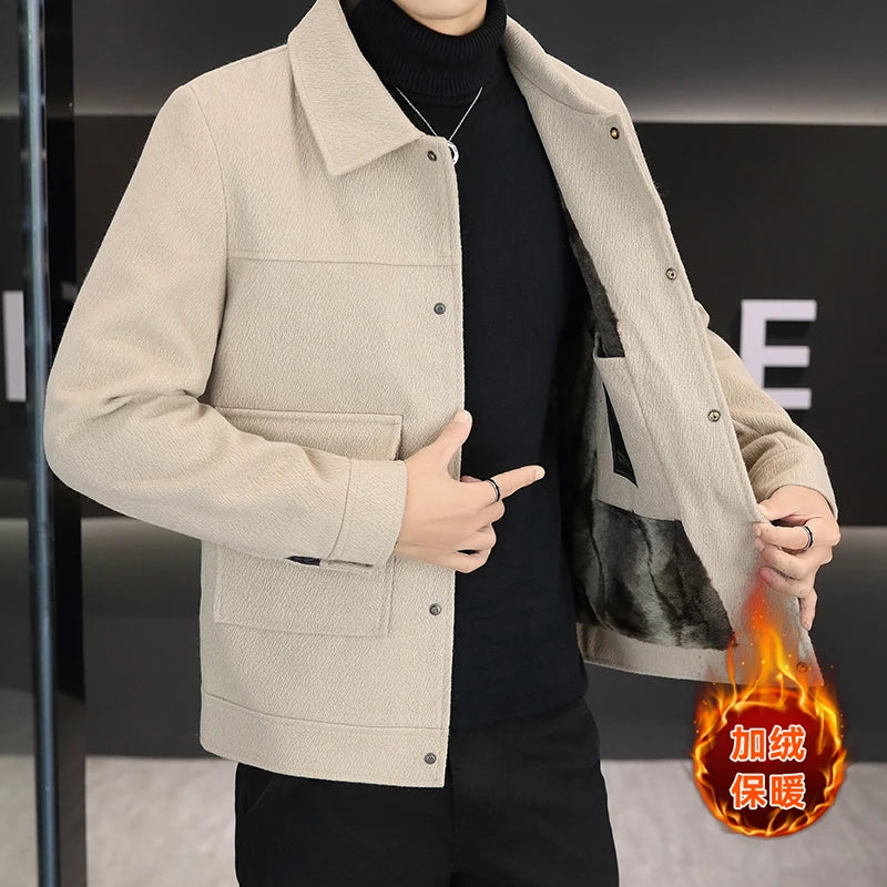 Outono inverno cor sólida jaqueta de lã para homens fino ajuste manga longa casual lã mistura jaquetas social streetwear casaco M-4XL