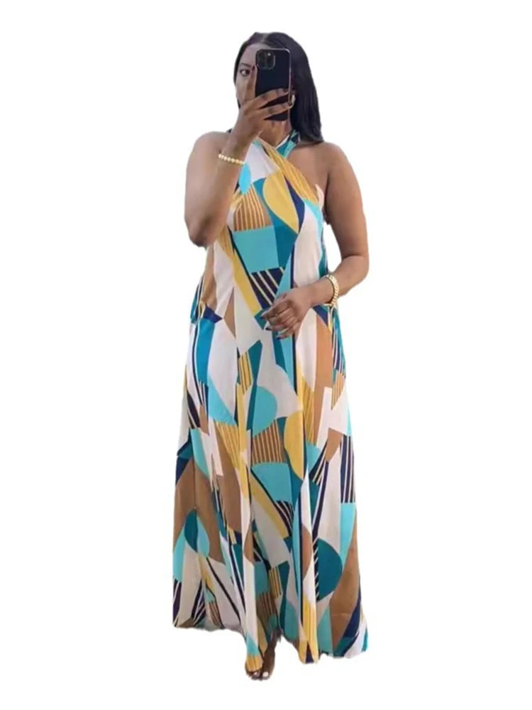 Vestido reto feminino elegante e sexy, sem mangas, longo, estampado, para praia, com decote halter, ideal para o verão. Atacado e dropshipping.