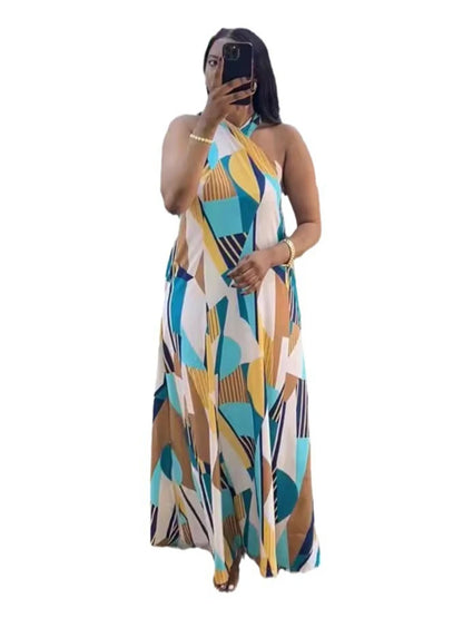 Vestido reto feminino elegante e sexy, sem mangas, longo, estampado, para praia, com decote halter, ideal para o verão. Atacado e dropshipping.