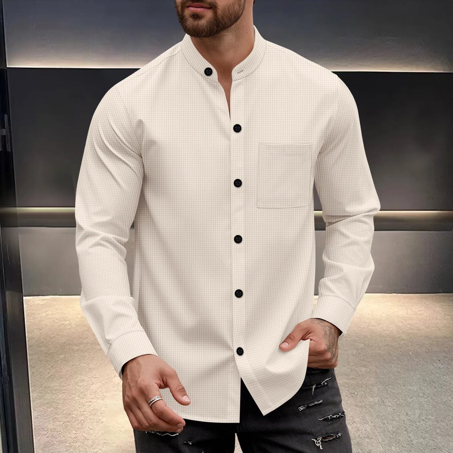 Camisa Masculina Waffle Elegante com Gola Alta e Botões e Calças 1/2 Peças Confortáveis e Respiráveis Casuais