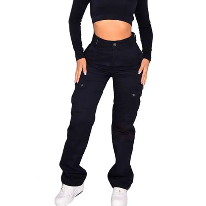 Calças femininas elegantes com botão e zíper, calças cargo de cintura alta com vários bolsos, tecido macio, levantamento de bumbum para mulheres