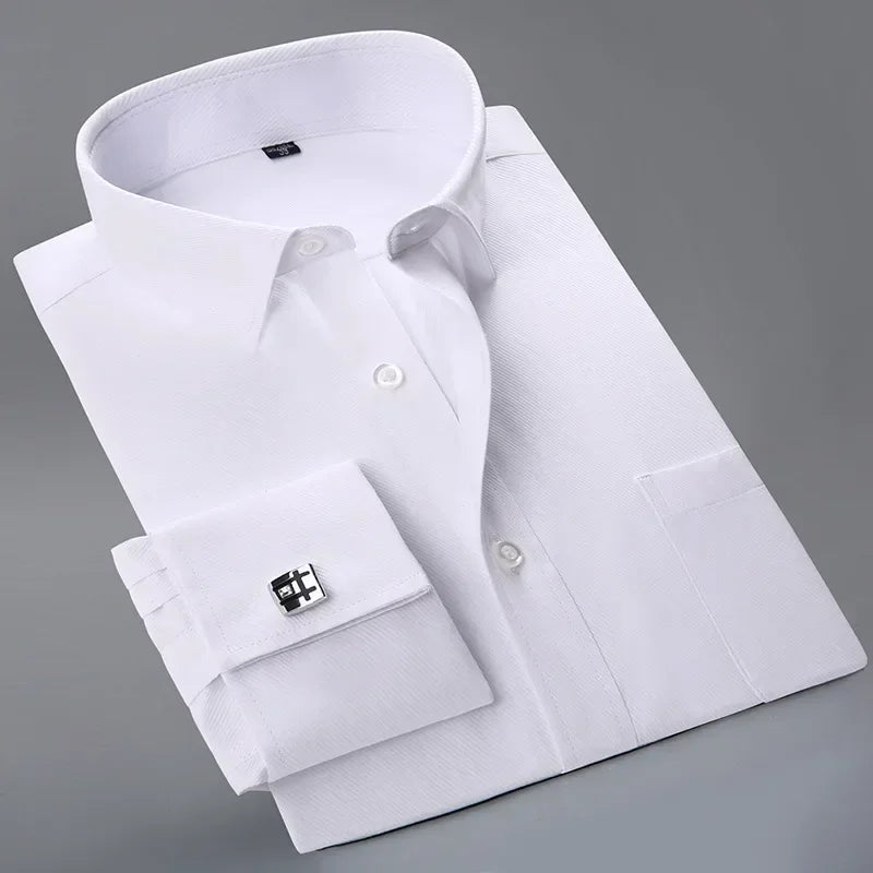Quality French Cufflinks Shirt Men's Long Sleeve Tuxedo Male Brand Slim Fit White Button Cuff Social Men Dress Shirts