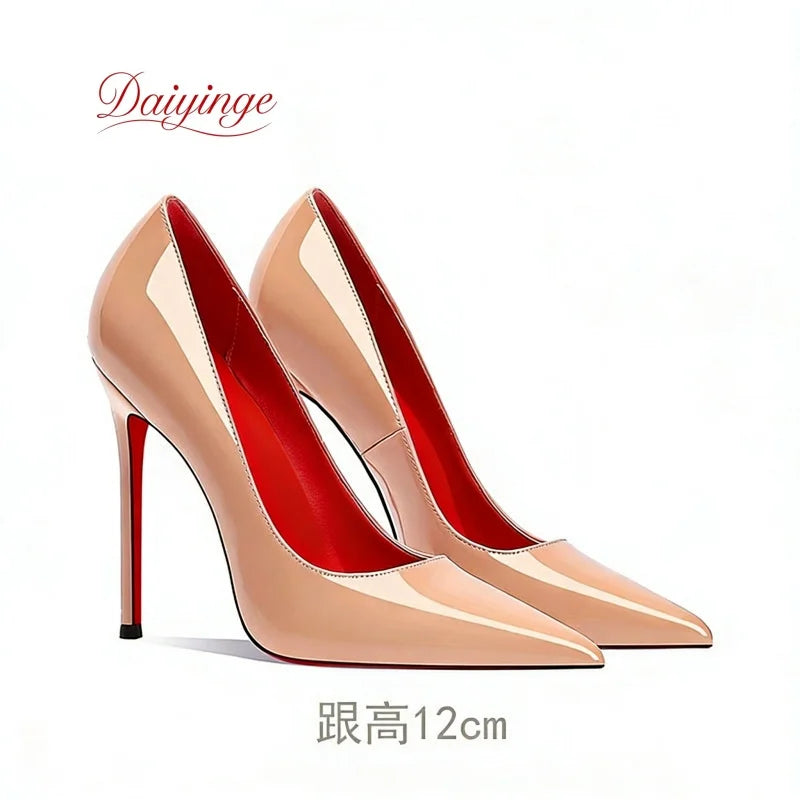 Sapatos femininos da tendência 2026: luxuosos, com sola vermelha, salto alto, bico fino, scarpin agulha de 12 cm, confortáveis para festas e casamentos.