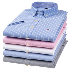 100% algodão puro oxford camisas masculinas manga curta xadrez macio regular ajuste formal vestido camisa blusa social roupas masculinas 6xl 7xl