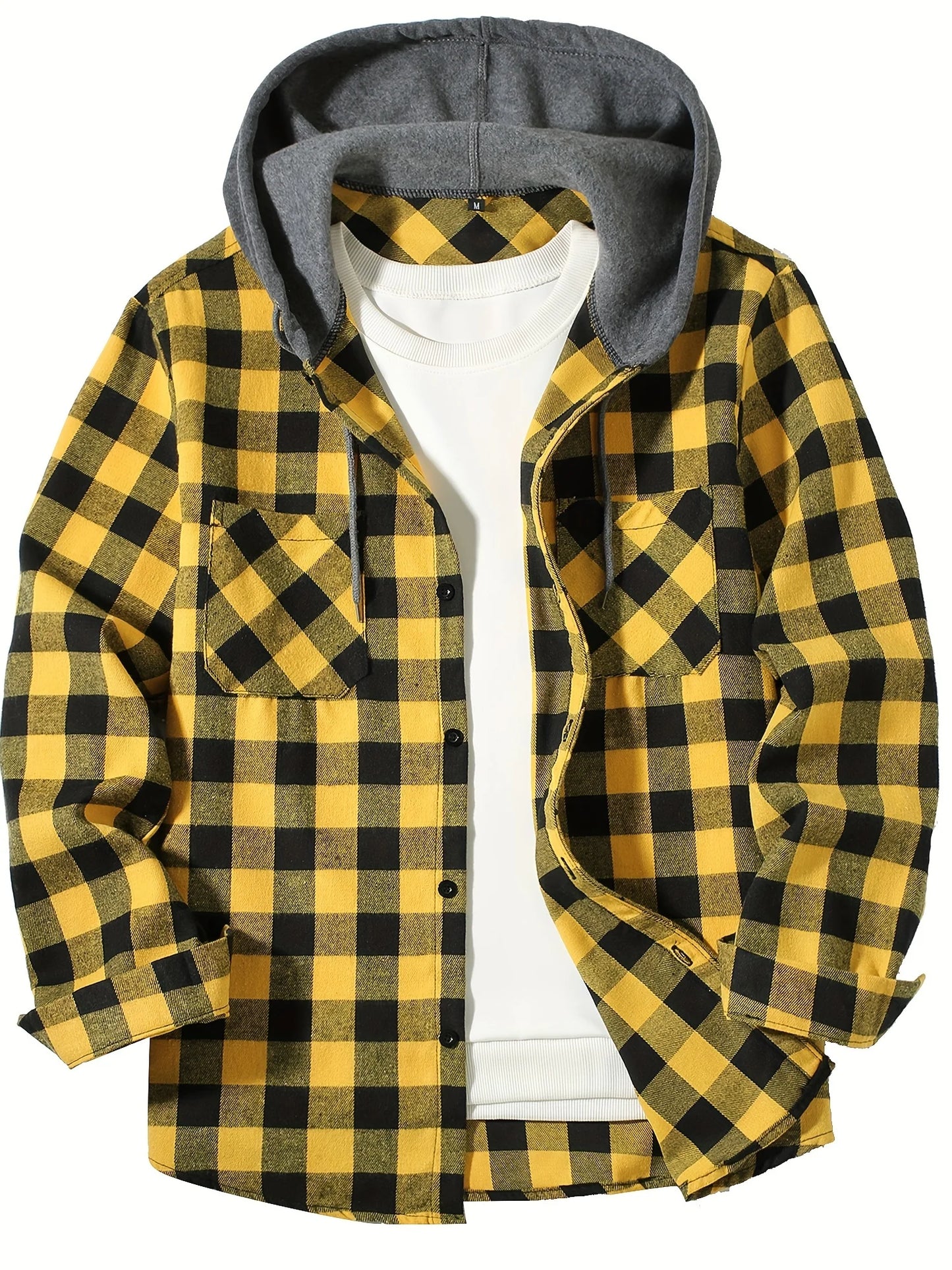 Camisa masculina xadrez com capuz, modelo folgado, para primavera e outono, tamanhos grandes, estilo casual e moderno, mangas compridas, do P ao 3XG.