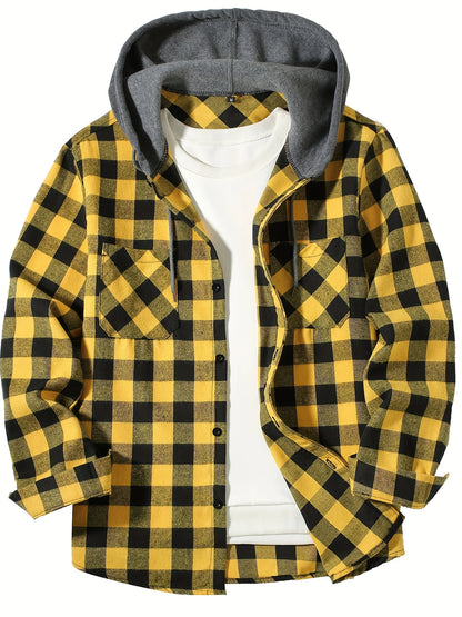 Camisa masculina xadrez com capuz, modelo folgado, para primavera e outono, tamanhos grandes, estilo casual e moderno, mangas compridas, do P ao 3XG.