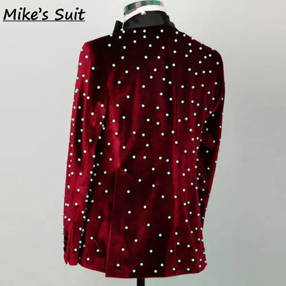 Terno masculino com pérolas de veludo vermelho, blazer clássico para negócios, trajes formais, conjunto de 2 peças, jaqueta e calças